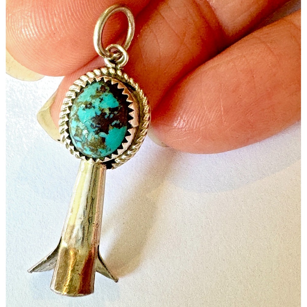 Navajo Squash Blossom Turquoise Pendant 1.5in Sterling Naja Native American
